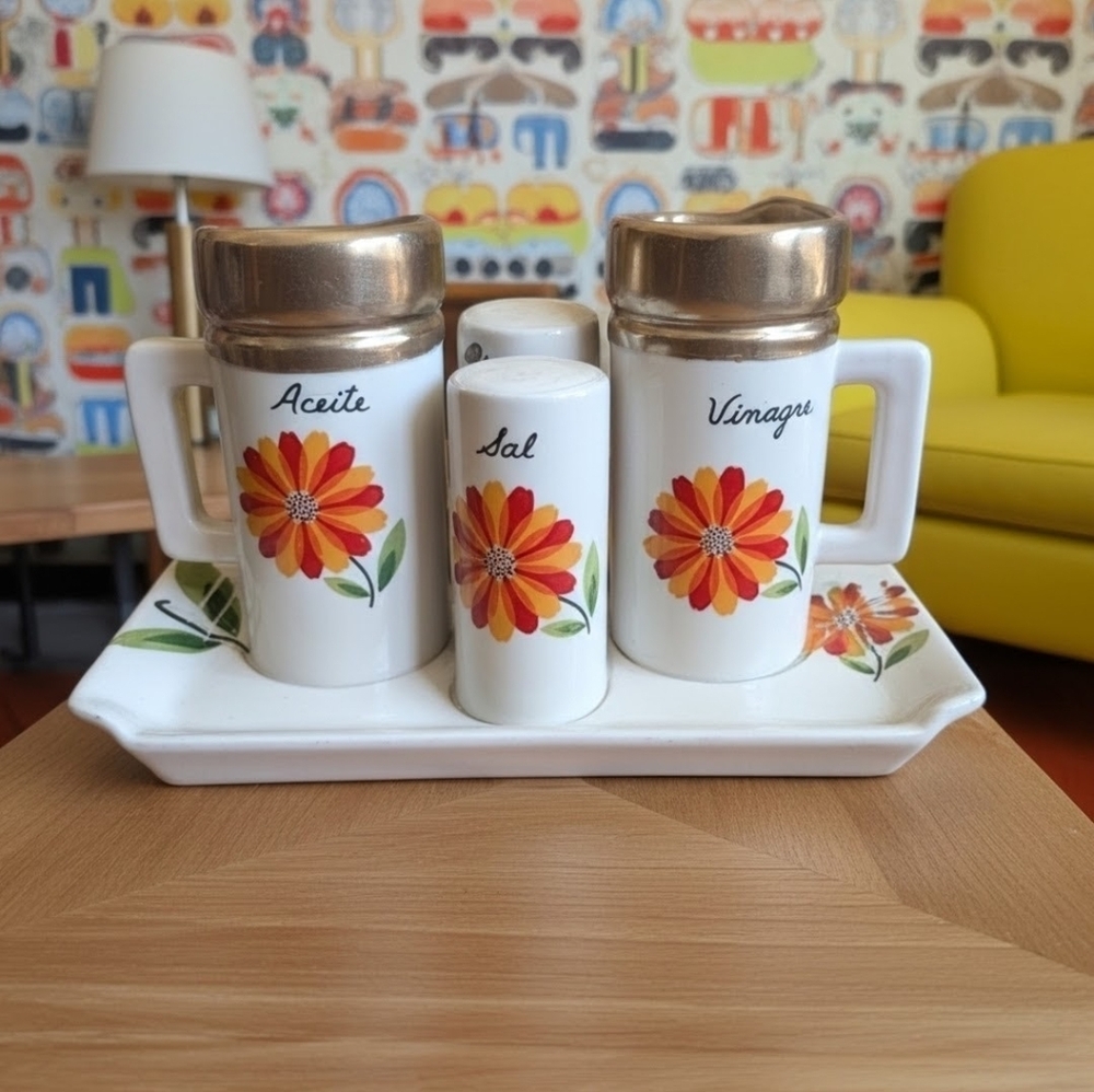 Vintage retro-style Floral Ceramic Salt Pepper Vinegar Condiment Set with Tray